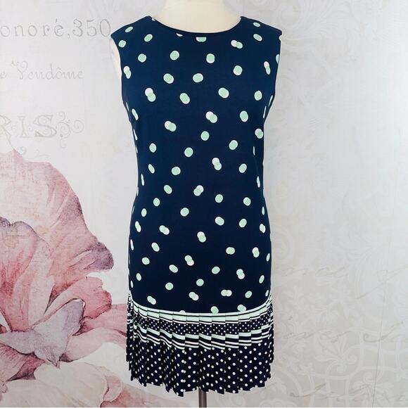 Sandra Darren Navy dress mint and white polka dots pleated hem Size 12 NWT - Picture 1 of 12
